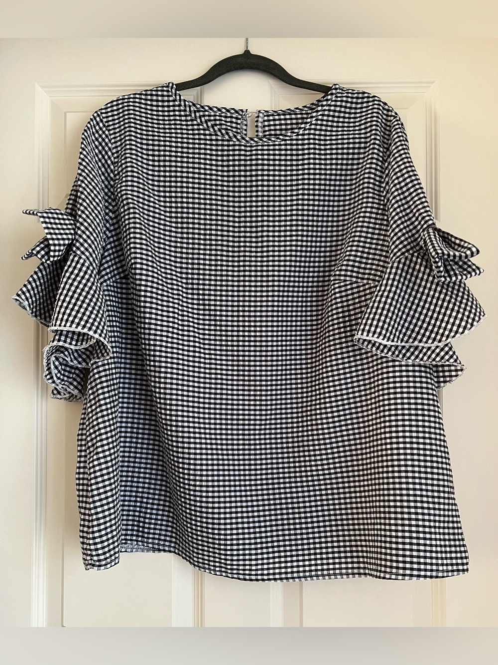 Black & White Gingham Ruffle Sleeve Blouse